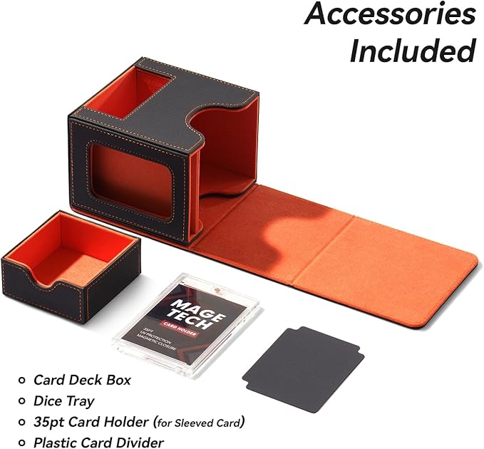 Mage Tech Card Deck Box for MTG Commander - Patented Design, Commander Display, Fits 100 Double-Sleeved Cards, 35pt Card Brick & Dice Tray - Grey/Orange