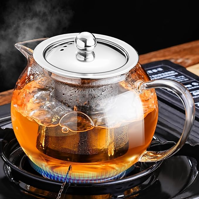 PARACITY Glass Teapot Stovetop 34OZ, Borosilicate Clear Tea Kettle with Removable 18/8 Stainless Steel Infuser, Teapot Blooming and Loose Leaf Tea Maker Tea Brewer (transparent, 34oz/1000ML)