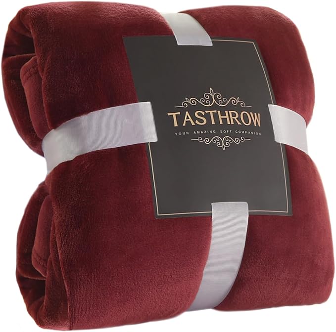 TASTHROW Large Flannel Fleece Throw Blanket, 90×108 Inch - Cozy Lightweight Thick Blanket - All Seasons Suitable for Women, Men and Kids (Burgundy)