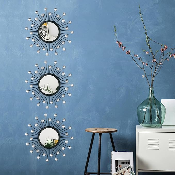 3 Pack Metal Mirrors for Wall Sunburst Wall Mirrors Home Décor Decorative Hanging Wall Art for Living Room Bedroom Entryway (Black Crystal, Sunburst)