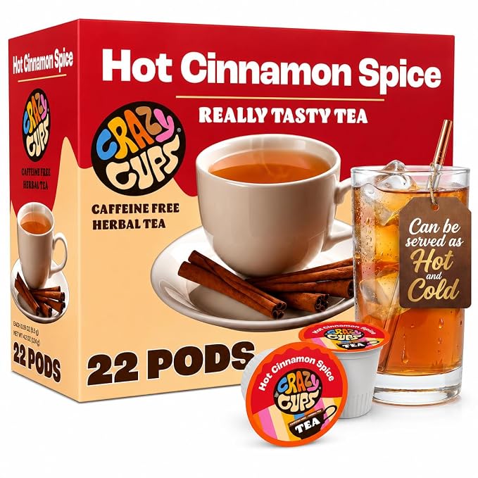 Crazy Cups Hot Cinnamon Spice Herbal Tea Pods, 22 Count | Caffeine Free, Kosher Certified, Warming Cinnamon & Star Anise Blend, K Cup Compatible Pods, Bold Spiced Flavor, Gluten Free, Vegan, Hot or Iced Herbal Tea