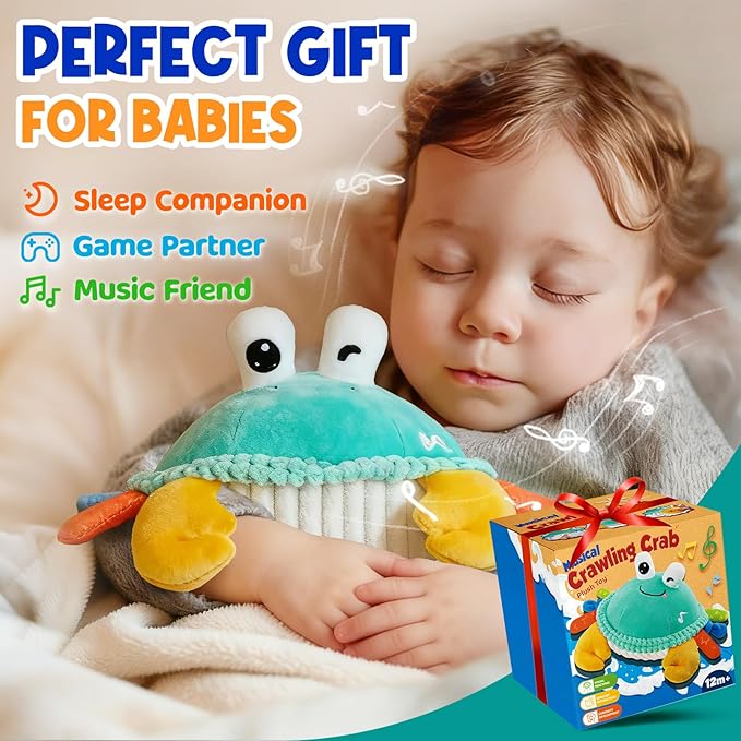 FUNZBO Baby Tummy Time Toys 12 18 Months - 3 in 1 Musical Dancing Crawling Crab Baby Plush Toy, Interactive Infant Toys with 50 Songs & Recording Feature, Birthday Gifts for Age 1-3 Toddler