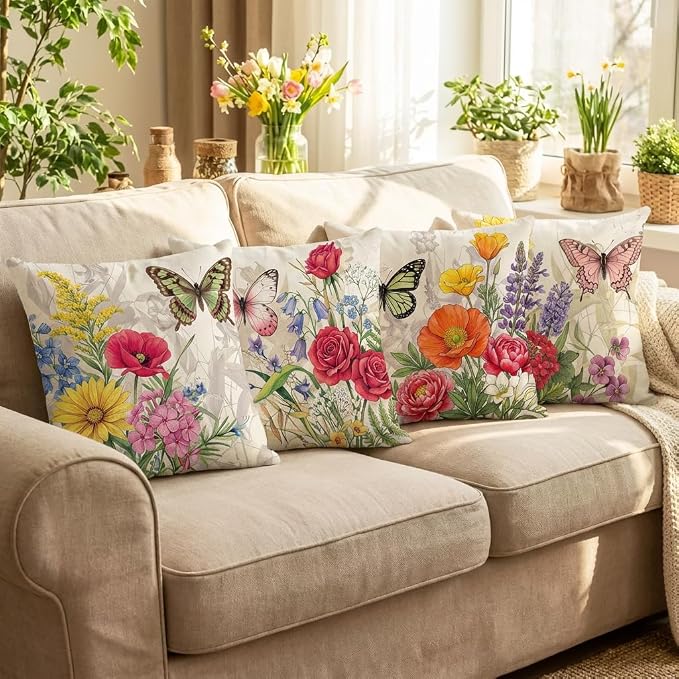 wyooxoo Throw Pillow Covers 16x16 Set of 4 Decorative Spring Pillow Covers Linen Flower Butterfly Farmhouse Pillowcases for Sofa Couch Living Room Outdoor