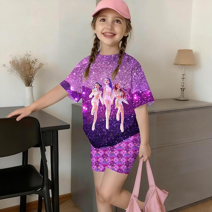 K-POP DEM0N Hunters Outfits for Girls, 2 Piece T-Shirts and Apparel Sets Birthday Gift
