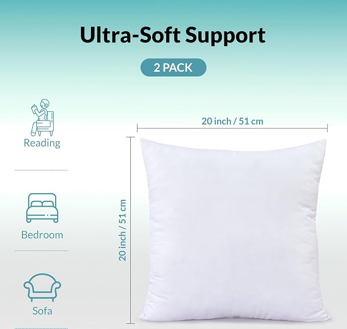 ROYALE LINENS 20 x 20 Pillow Insert - Down Alternative Throw Pillows Insert - Square Pillow Pack of 2 White - Bed & Couch Pillows - Inner Cushion for Bed, Cushion for Living Room - Shams Stuffer