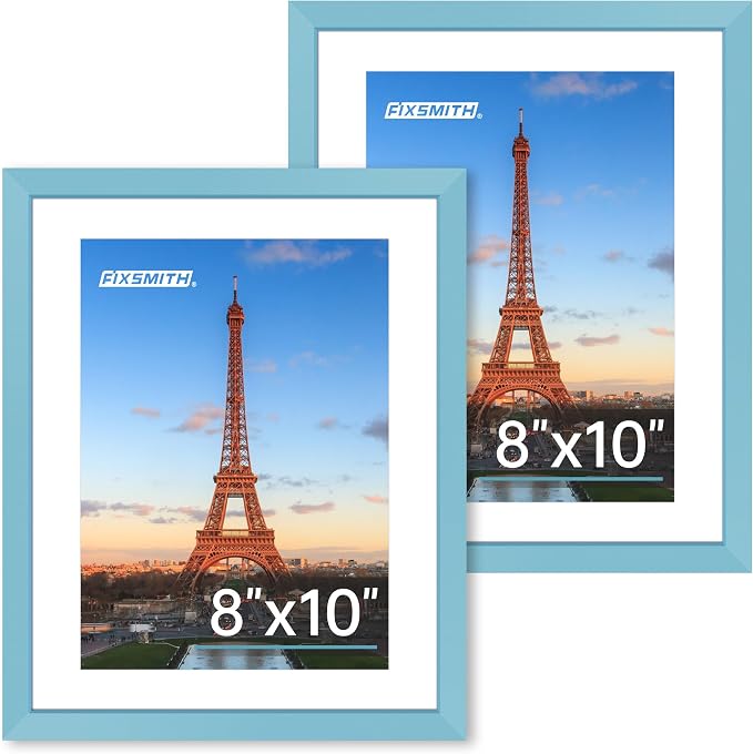 FIXSMITH 8x10 Picture Frame Set of 2, Blue Photo Frame with HD Plexiglass, Display Pictures 5x7 with Mat or 8x10 Without Mat Multi Picture Frames Collage for Tabletop or Wall Display