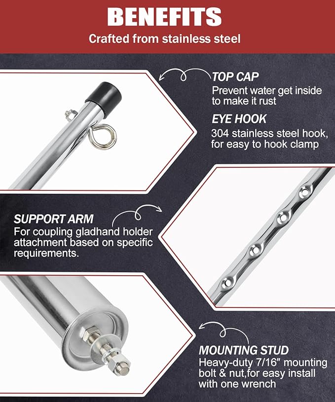 Semi Truck 24" Swivel Pogo Stick,Pogo Stick for Air Brake Line & Electric Power Cord Holder,Heavy Duty Stainless Steel Pogo Stick with 3 & 1 Hole Clamp,Chrome