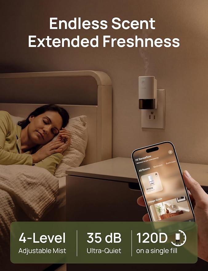 Essential Oil Diffuser for Home, Smart Waterless Aromatherapy Diffuser SF101S Pro, Plug in Room Scent with Timer & 120-Day Natural Aroma – Free 30ml Himalayan Cedarwood(Mauve Rose)