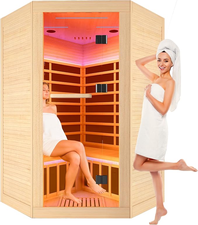 Corner Sauna for 2-3 Person Far Infrared Saunas Room Home Canadian Hemlock Indoor 2180W Low-EMF Dry Saunas with 7 Color Therapy 47.2 * 47.2 * 74.8inch