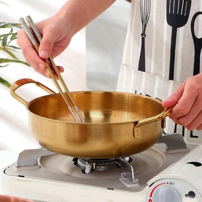 BestAlice Economy Mixing Bowl Gold Korean Ramen Noodle Pot with Handles Stainless Steel Everyday Pan Portable Kitchen Cooking Pot for Household(inner diameter 28cm)