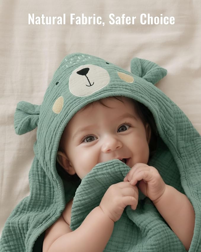 Blissful Diary Muslin Baby Hooded Towel 2 Pack, Soft & Absorbent Bath Towel for Infant, Toddler, Unisex, Baby Gift, Newborn Essentials, Bear & Lamb
