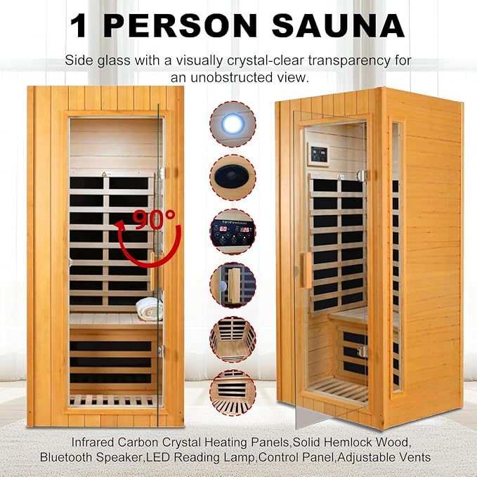 Kanlanth 1 Person Sauna, Low EMF Infrared Saunas for Home, 1,300Watt, Side Glass Window Indoor Sauna with Rapid Heating 5 Carbon Panels, LED Reading Lamp, Bluetooth, Control