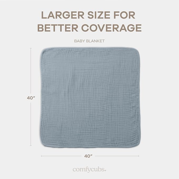 Comfy Cubs Muslin Baby Blanket 40" x 40" L - Swaddle Blankets, Pacific Blue | Soft, Lightweight, 6-Layer Cotton Breathable Baby Blankets - Comfortable, Gentle & Versatile Cotton Baby Blankets for Sleep