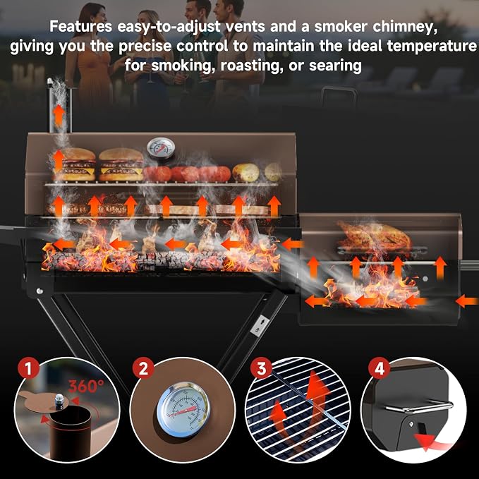 Portable Charcoal Grill with Smoking Function, Foldable Suitcase Design with Wheels, Multi-Tier Storage Rack & Waterproof Cover for Outdoor BBQ Parties (Khaki)