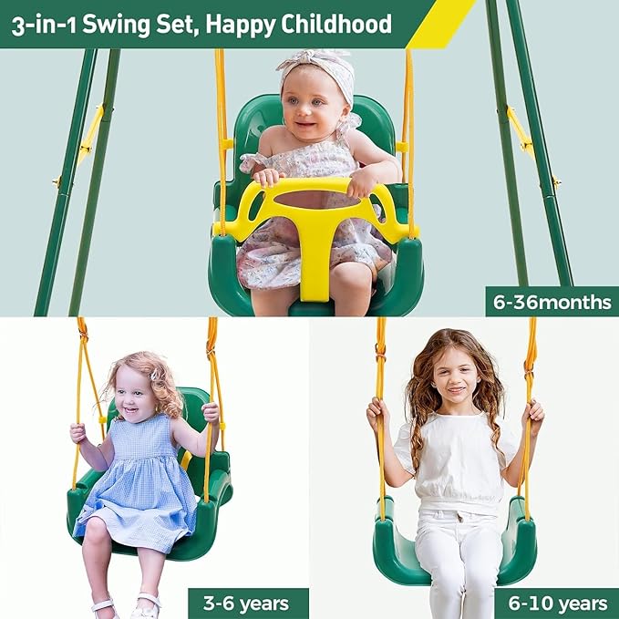 FUNLIO Toddler Swing with Foldable Metal Stand for Toddlers Aged 1~10 Years, 3-in-1 Baby Swing Set with 4 Sandbags for Backyard/Indoor/Outdoor Play, Easy to Assemble & Store, Green