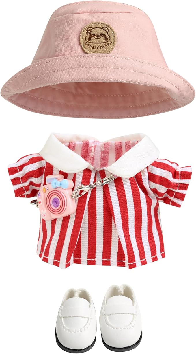 17cm Doll Clothes for Labubu - Kawaii Clown Style Set - Doll's Hat & Doll's Clothing & Doll's Shoes & Camera, Cute Doll Outfit with Accessories for Display, Collectors, Gift - Red (NO Dolls)