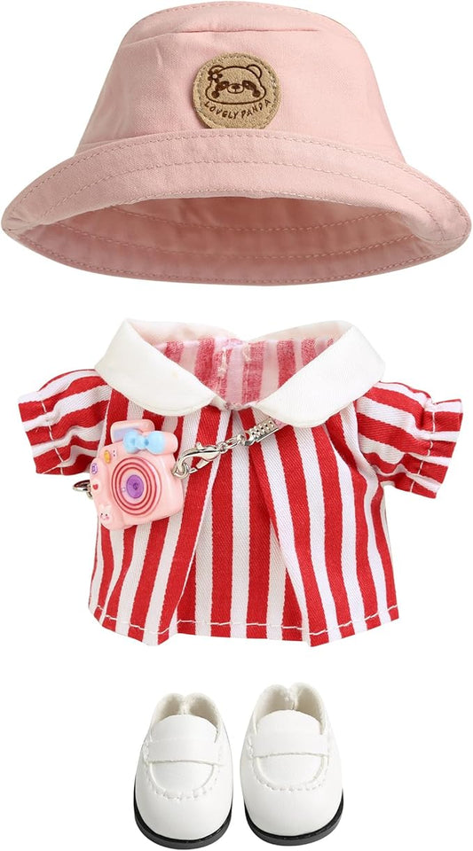 17cm Doll Clothes for Labubu - Kawaii Clown Style Set - Doll's Hat & Doll's Clothing & Doll's Shoes & Camera, Cute Doll Outfit with Accessories for Display, Collectors, Gift - Red (NO Dolls)