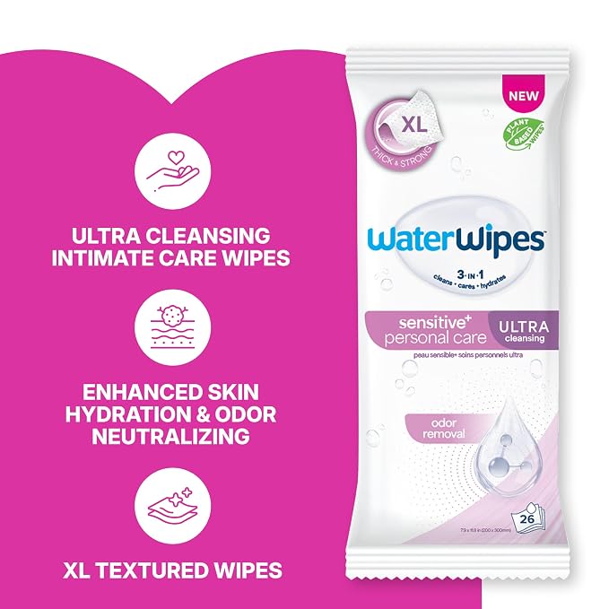 WaterWipes Sensitive Personal Care Ultra, Incontinence Wipes, Odor Removal, Heavy Duty XL Textured Wipes, Fragrance Free, 78 Count (3 Packs)
