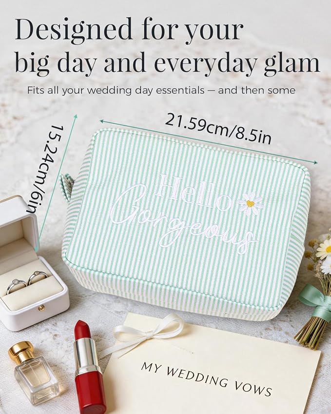 Hello Gorgeous Cosmetic Bag, Cute Daisy Makeup Bag, Compliment Gift for Women Girls Bride & Bridesmaid, Seersucker Stripe Travel Toiletry Pouch w/Zipper, Wedding Organizer Storage (Green)