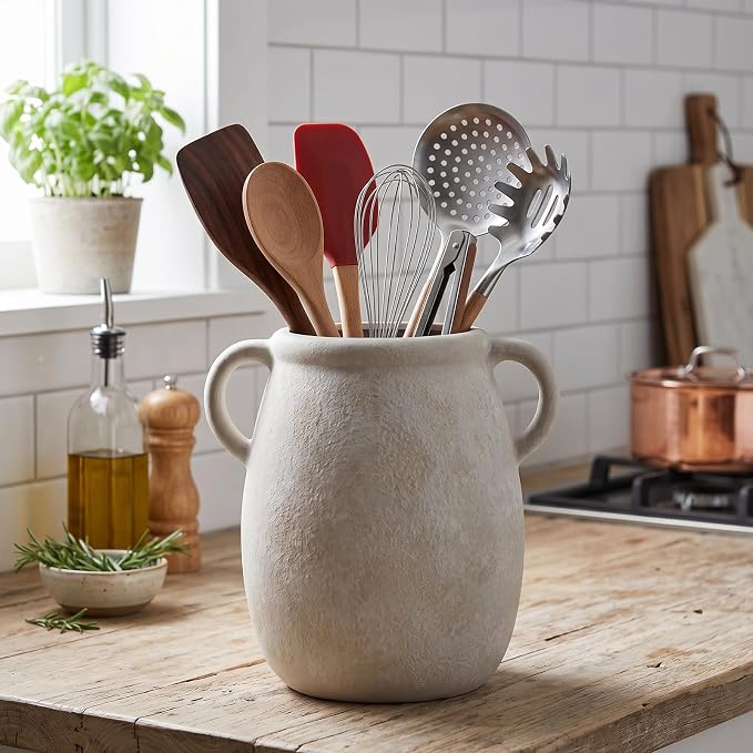 Ceramic Flower Vase with Handle, 7.9in Waterproof Farmhouse Table Rustic Vases, Large Flower Terracotta Pottery Vases for Home Decor, Living Room,Table, Handcrafted (Antique)