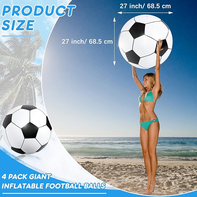 Lewtemi 4 Pcs Inflatable Beach Soccer Ball for Kids 27" Giant Inflatable Football Large Sport Balls for Kids Outdoor Activity Game Pool Toys Decoration Party Favor