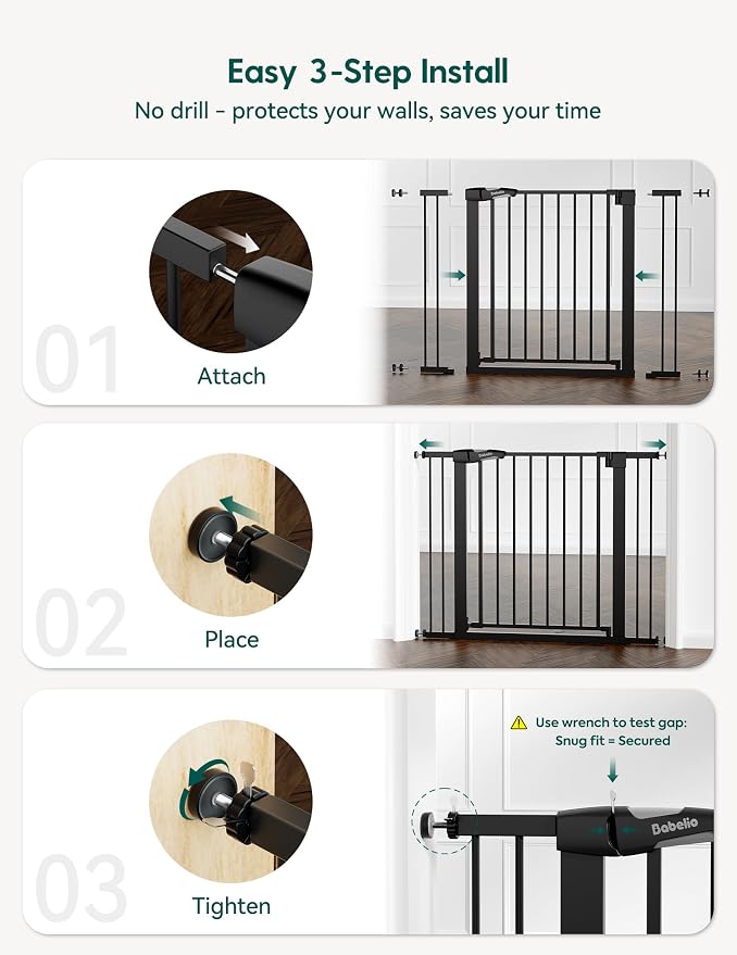 Babelio 26-40" Wide Baby Gate for Stairs & Doorways, 3 Ways Locking System with Auto-Close, Pressure Mounted No Drilling, Easy Install for Stairs, Hallway, Kitchen, Indoor Use, Black (2 Pack)