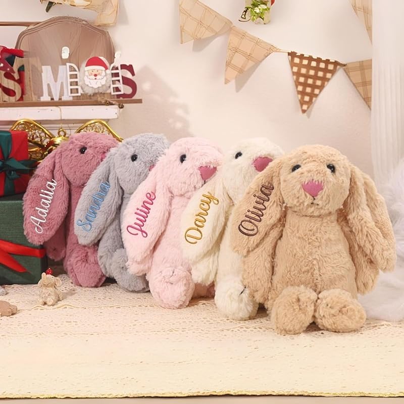 Custom Easter Bunny Plush for Babies with Embroidered Name, Handmade Personalized Plush Rabbit Bunny Stuffed Animal for Girl Boy Baby Gift(11.8inches- 1 ear embroidery)