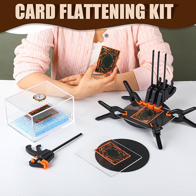Didaey Card Flattening Kit Trading Card Flattening Tool Accessory Kit Included 1 Moisturizing Box 2 Acrylic Plates 4 Vices 4 Clamps 2 Indent Mats for Fix Bent Cards(Clear,Acrylic)
