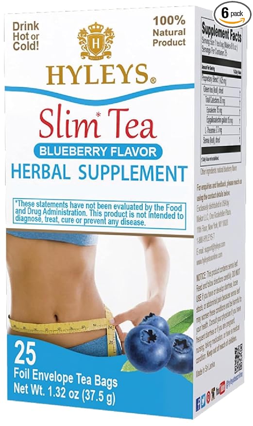 HYLEYS Slim Tea Blueberry Flavor - Weight Loss Herbal Supplement Cleanse and Detox - 25 Tea Bags (6 Pack)