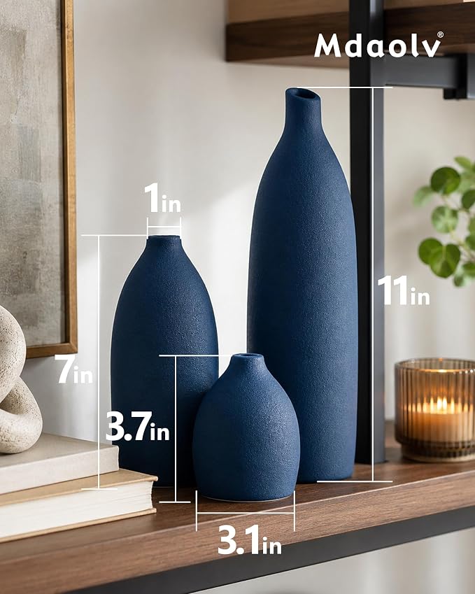 Mdaolv Matte Blue Vase Set Navy Blue Decor Coastal Decor Vases for Kitchen Island Living Room Office Table Fireplace Mantle Decorations & Bathroom Shelf Decor Centerpiece Table Decorations Ceramic