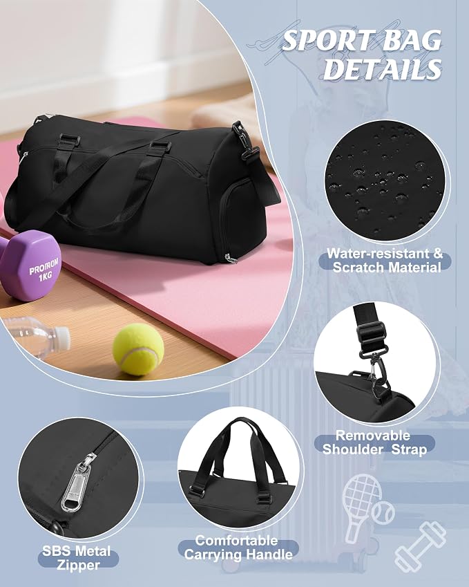 Gym Bag for Women with Shoe Compartment Lightweight Travel Duffle Bags Carry on Bag Overnight Weekender Duffel Bag with Wet Pocket Personal Item Travel Bag Tote Bag Workout Dance Bag Black