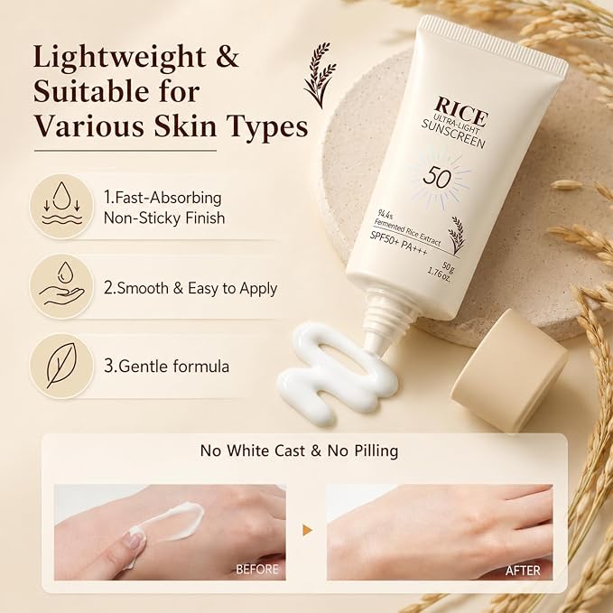2Pack Rice Sunscreen SPF 50 PA+++ – Korean Daily Face Sunscreen with Rice Extract, Lightweight Face Moisturizer with SPF,Non-Greasy Hydrating Sun Cream for All Skin Types Facial Skincare Set for Women