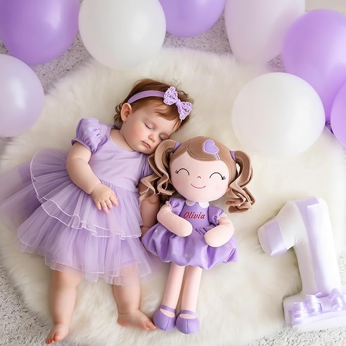 Gloveleya Personalized Baby Doll – Custom Name Plush Doll with Curly Hair & Purple Heart Dress | Unique Birthday for Girls, Toddlers & Kids | Soft Huggable Keepsake Toy