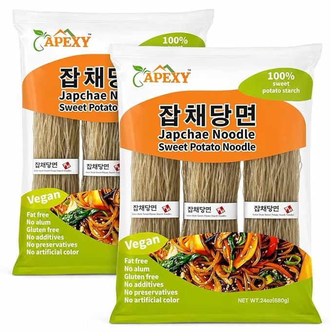 APEXY Sweet Potato Glass Noodles, Japchae Noodles, Korean Vermicelli Pasta, Fat-free and Gluten-free, 100% Sweet Potato Starch, No Additive, No Alum inside, 24oz (680g) (Pack of 2)