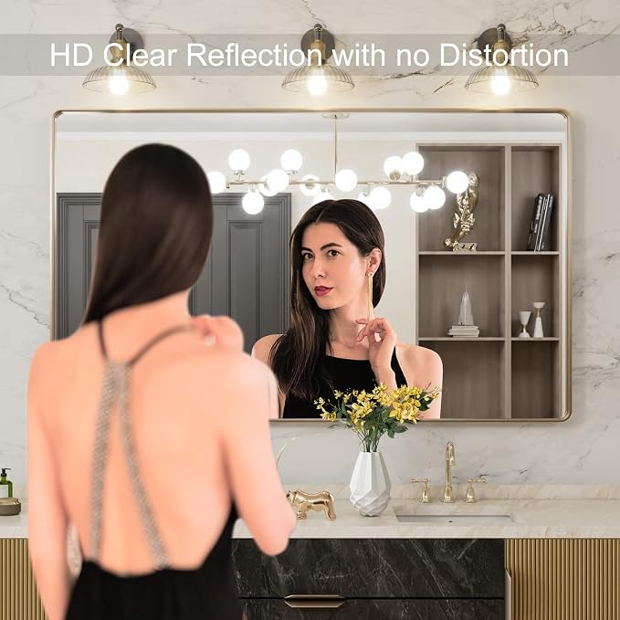 LOAAO 60"X36" Gold Bathroom Mirror | Rounded Rectangle, Brushed Gold Frame, Wall-Mounted, Anti-Rust, Tempered Glass, Hangs Horizontally or Vertically