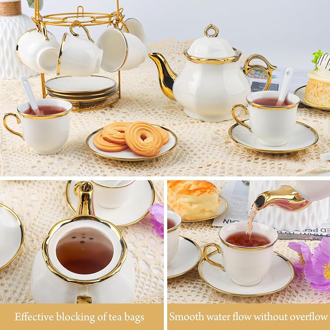 20 Pcs Porcelain Tea Set with Metal Holder, European Ceramic Tea Set for Adults, Coffee Tea Gift Sets, French Tea Cup Saucer Set for Party With Gold Trim (French White)