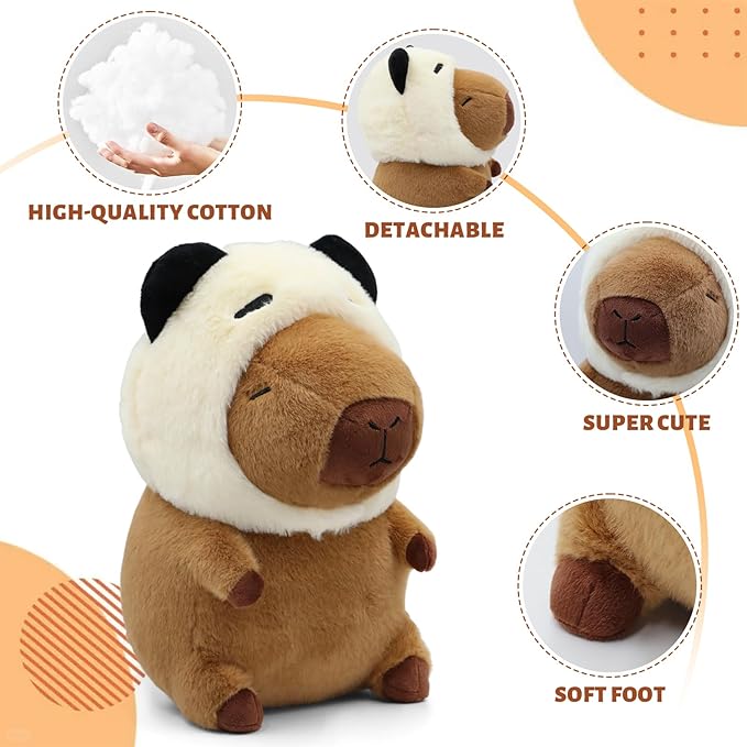 Cute Capybara Plush Wear Panda Hat, Kawaii Soft Capybara Plushie Pillow, 14 inch Capybara Stuffed Animal Hugging Gifts for Kids Adults (Panda Capybara)