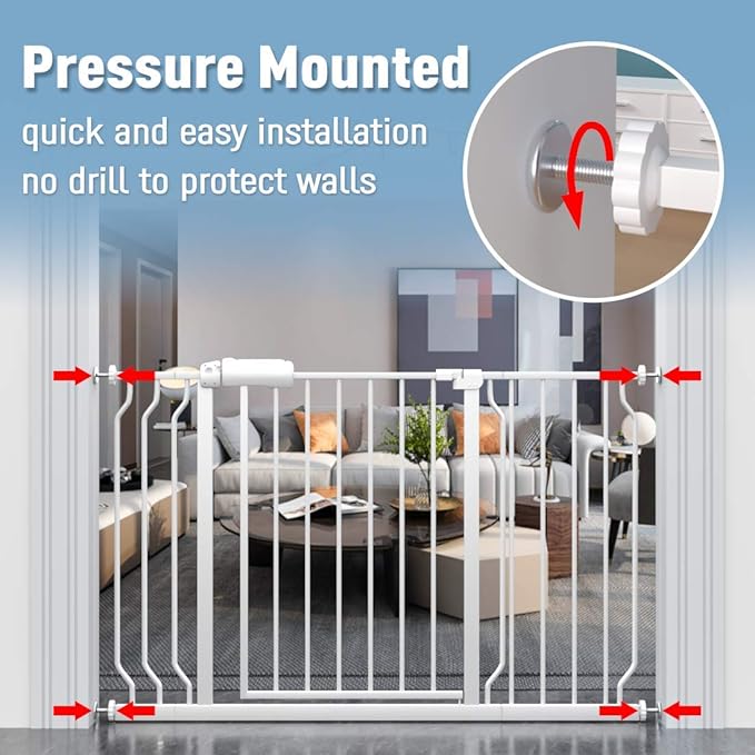 ALLAIBB Extra Wide Pressure Mount Baby Gate Auto Close White Metal Child Dog Pet Safety Gates with Walk Through for Stairs,Doorways,Kitchen and Living Room(38.58-43.31"/98-110cm)