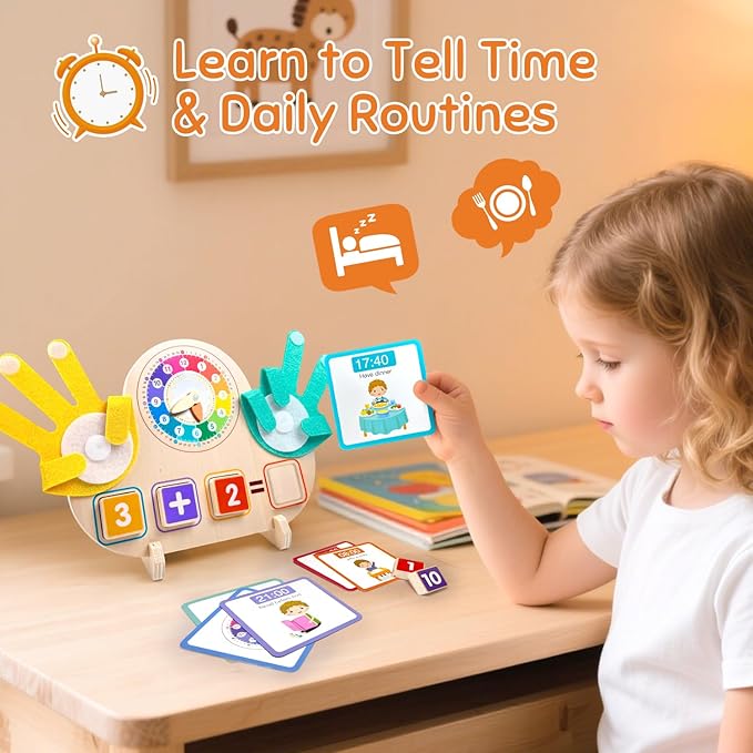 Montessori Toys for 3 4 5 Year Old – Math Manipulatives with Clock, Number Blocks & Finger Counting Cards, Educational Preschool Learning Activities & Toys for Toddlers Ages 3+