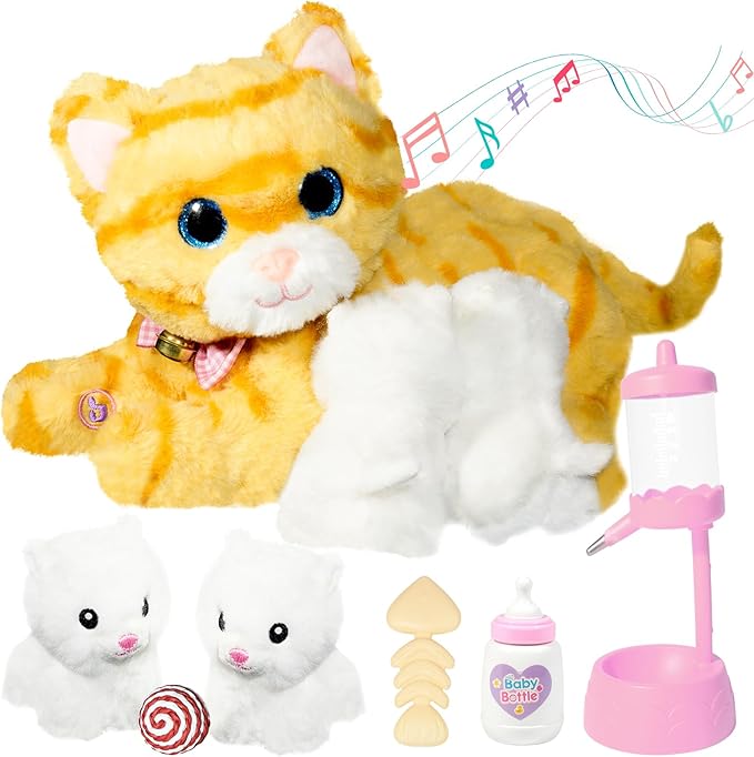 Nurturing Cat Stuffed Animal with 2 Plush Kittens, Cat Baby Stuffed for Girls and Boys Plushy Mommy Kitty with Baby Kittens for Birthday Party Favors Gifts