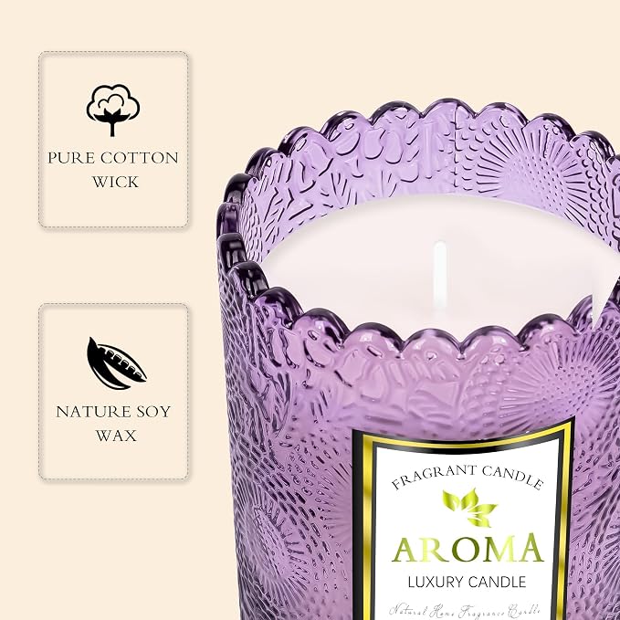 Lavender Scented Candle, Purple Glass Jars - 100% Natural Soy, 5.3OZ, 30HR Burn Time Aromatherapy for Home, Gift for Women & Men, Stress Relief