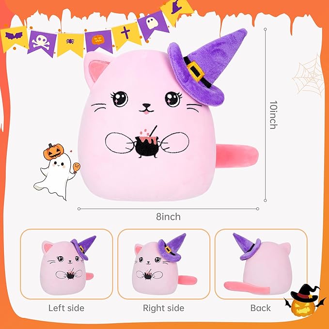 Halloween Plush Cat Stuffed Animal – Pink Cat Plush Halloween Decoration Costume Companion Cute Witch Accessory Kids Family Party Favors 10 Inch