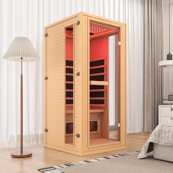 1 Person Infrared Sauna with Red Light Therapy, Full Spectrum Sauna for Home, Indoor Dry Saunas with Rapid Heating 4 Carbon Panels and 1 Carbon Tube, Oxygen Bar and 7 Color Therapy Lights, 110V