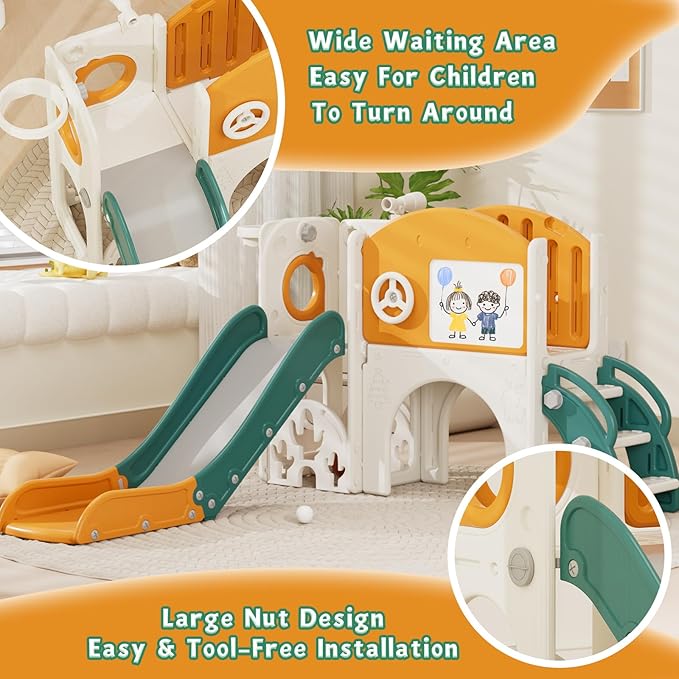 67i Indoor Toddler Slide with Drawing Board, Golf Set, Basketball Hoop - Kids Playground for 1-3 Year Olds, Non-Slip Steps & Storage Space (Green Yellow)