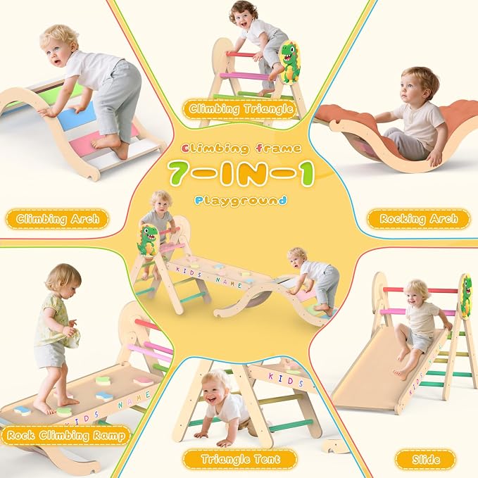 Acenova Pikler Triangle Climbing Set with Cushion and DIY Name Stickers, Montessori Wooden Climbing Gym for Toddlers, Indoor Jungle Gym, Dinosaur Pikler Triangle Arch Ramp Climber Toy
