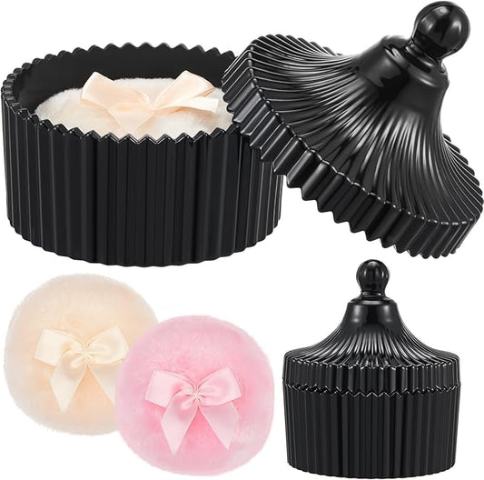 Tioncy 3 Pcs Large Body Powder Puff and Container Valentine's Day gift Powder Container with Puff Crystal Case Soft Washable Reusable Velour Face Body Glitter Wet Dry Makeup(Classic,Black)