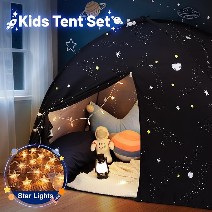 Sumbababy Large Teepee Tent for Kids: with Star Lights - Tent Indoor Kids Teepee Tent for Boys & Girls - Kids Play Tent Inside Canopy Bed for Playroom Gift Toys (Black Galaxy)