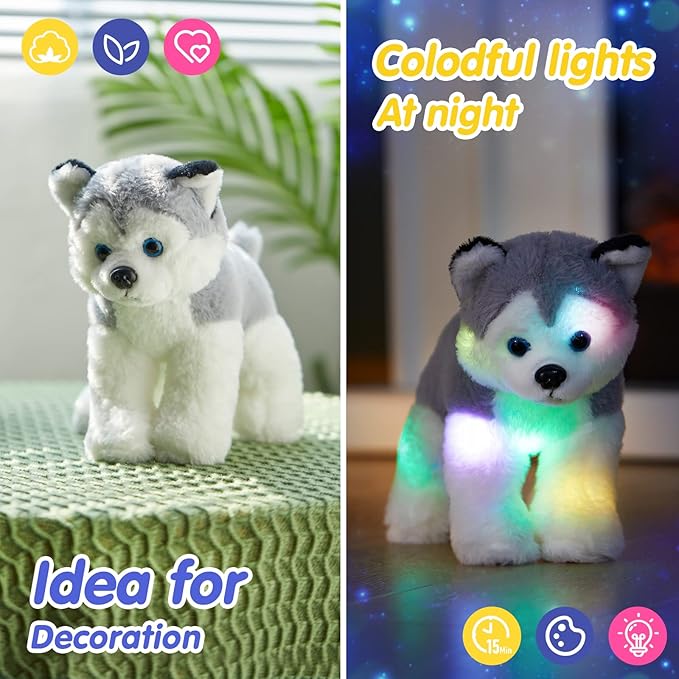 BSTAOFY 12’’ Light up Husky Puppy Stuffed Animal Realistic LED Dog Soft Plush Toy with Night Lights Glow in The Dark Birthday Valentines Christmas for Toddler Kids