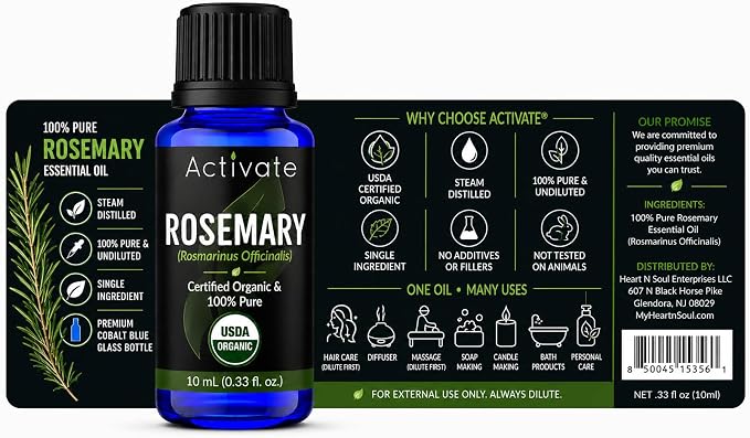 Activate Organic Rosemary Essential Oil, USDA Certified Organic, 100% Pure & Undiluted, Steam Distilled for Aromatherapy, Hair, Skin, Diffuser, Massage, DIY Soap & Candle Making, 10ml