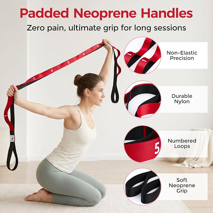 Slim Panda Stretching Strap with Loops - Non-Elastic Heavy Duty Nylon Yoga & PT - Oversized Multi-Loop Home Rehab - Hamstring Shoulder Pilates Flexibility